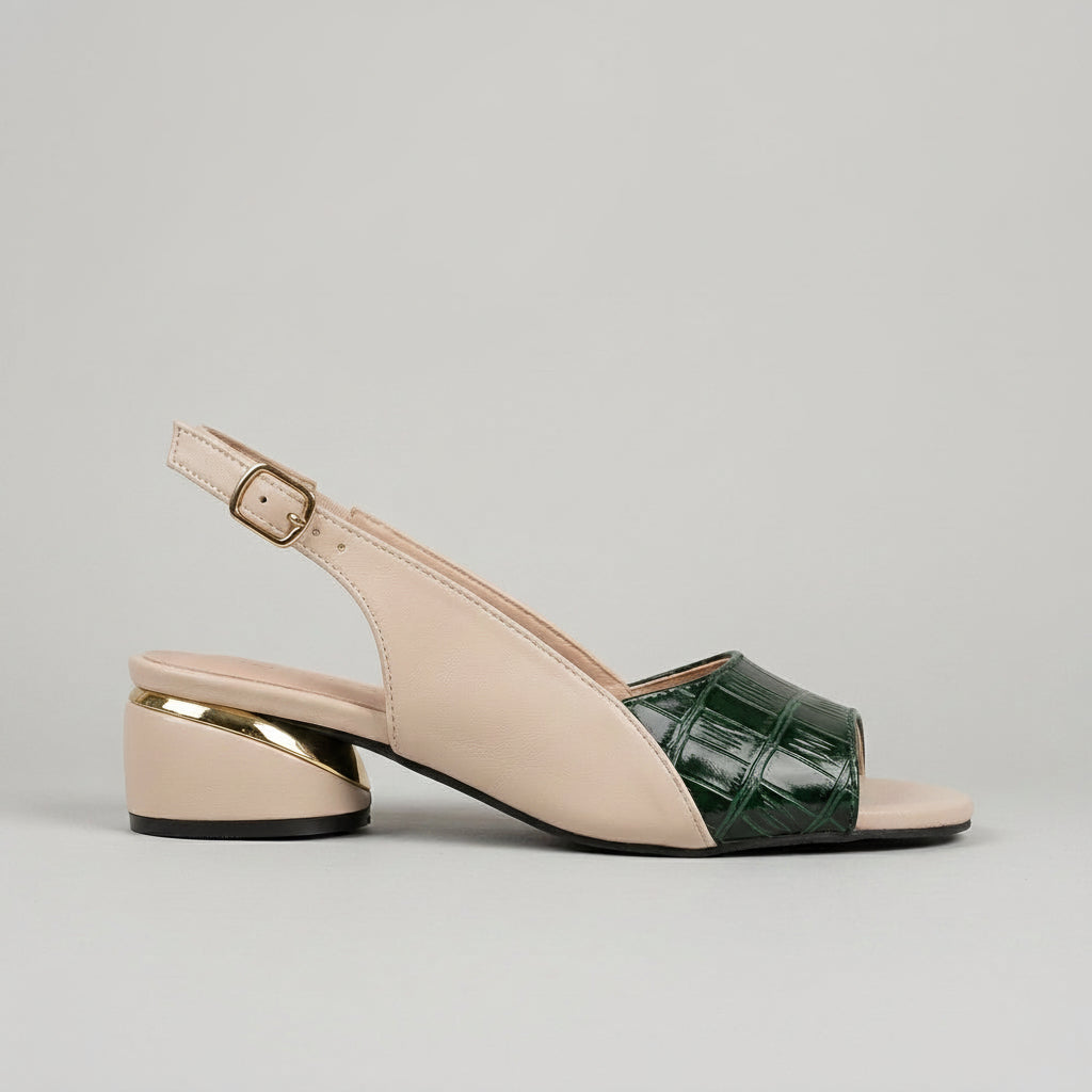 Women's Slingback Sandals - Open Toe - Low Block Heel - Woven Detail