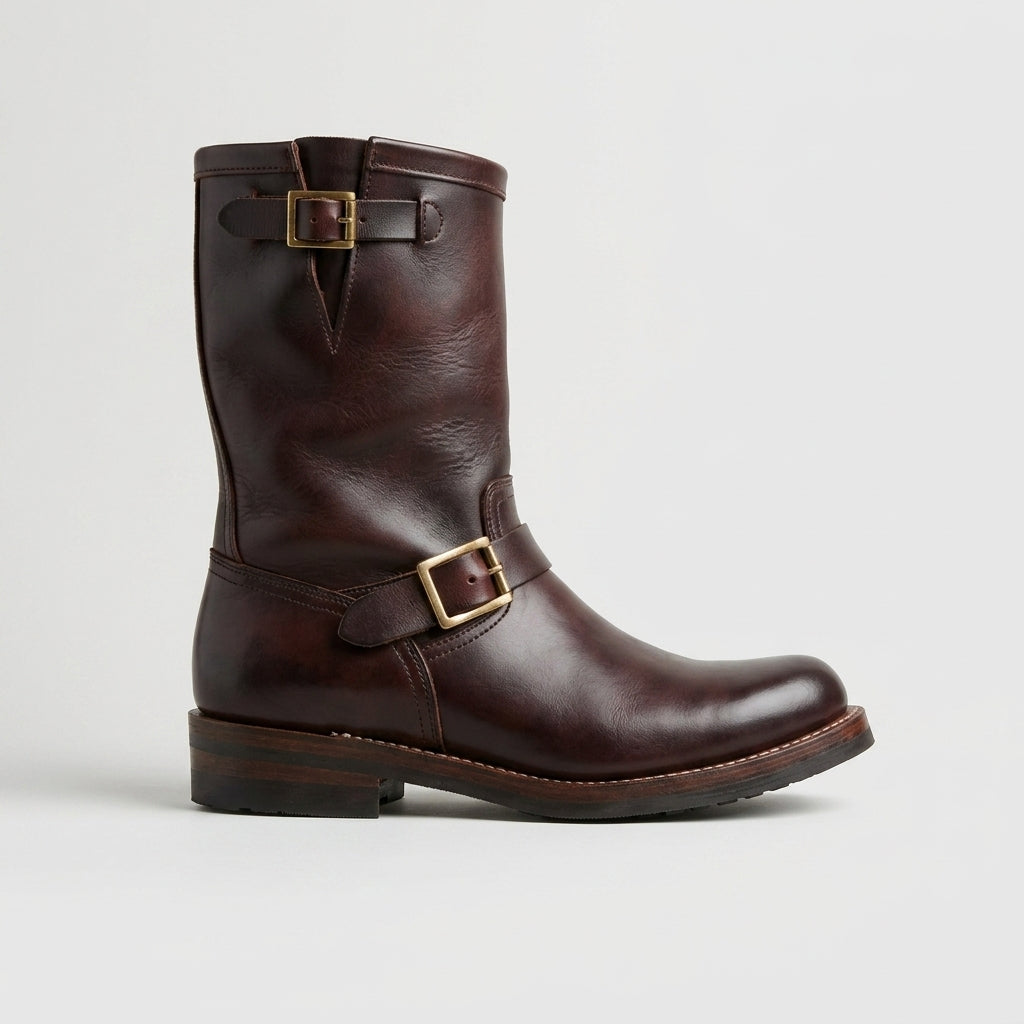 Men's Boots Mid-Calf Double Buckle Leather Low Heel Round Toe