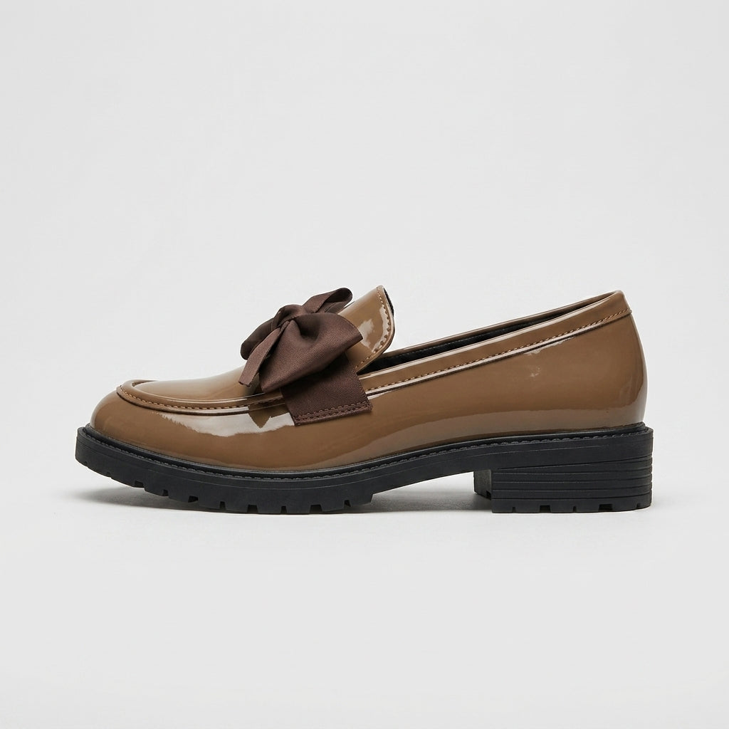 Women's Penny Loafers with Bow Detail - Patent Finish - Low Block Heel