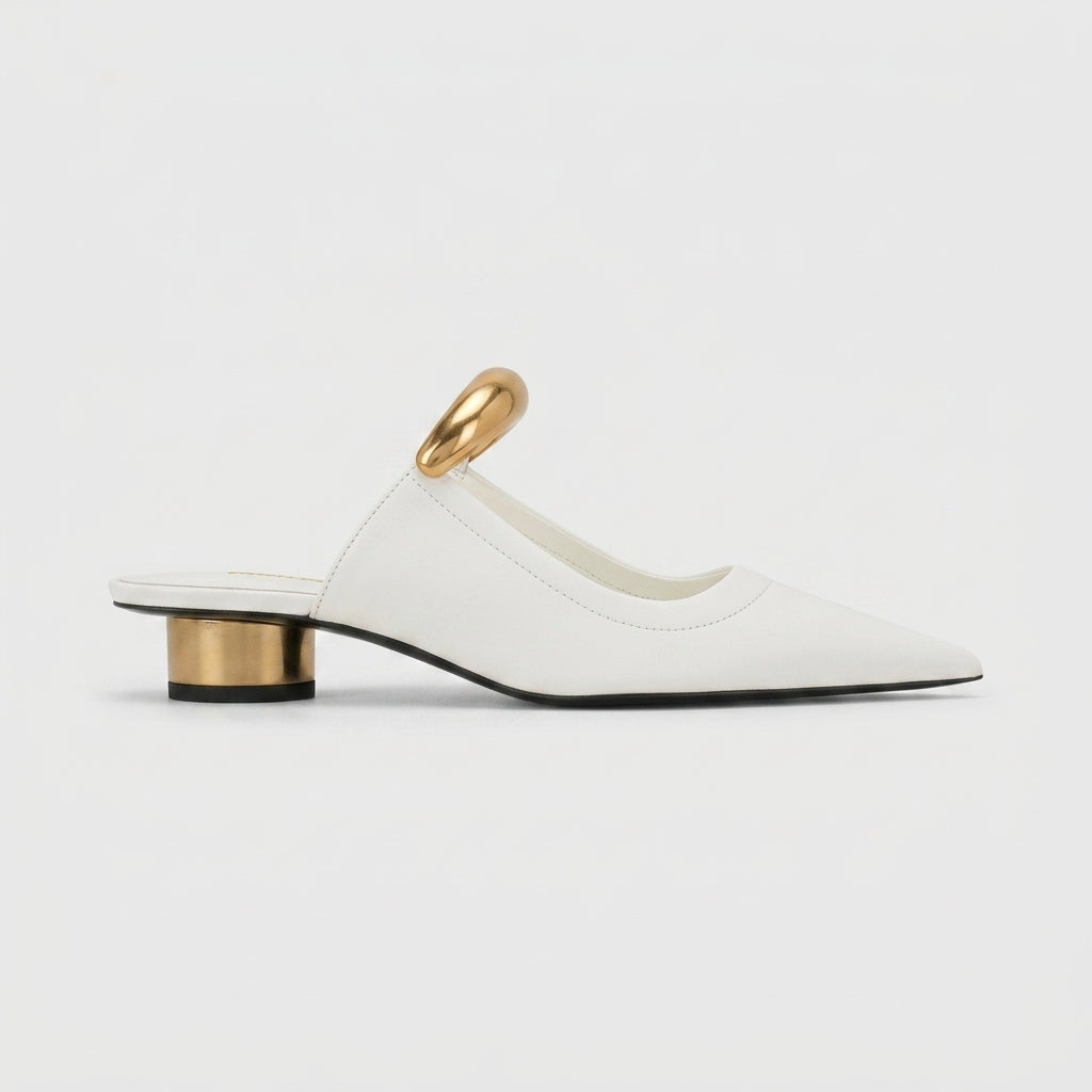 Women's Mule Low Cylinder Heels - Sculptural Bar Detail