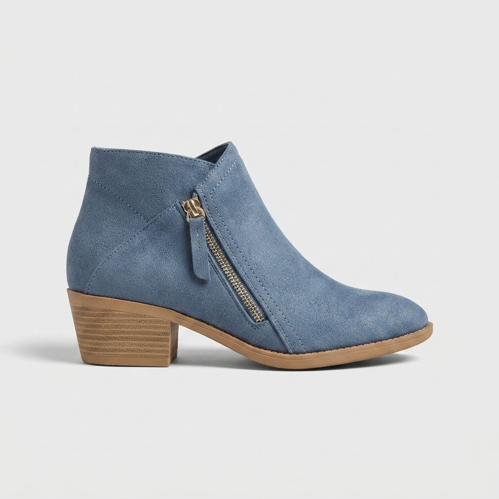 Women's Ankle Boots Low Block Heel Side Zipper Round Toe