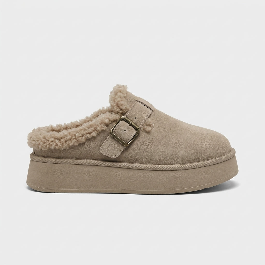 Women's Fur-Lined Clog Mules with Buckle Strap and Platform Sole