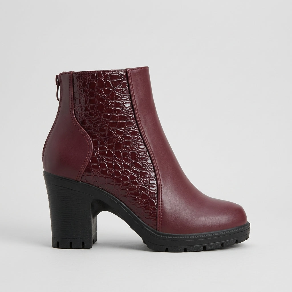 Women's Ankle Boots Block Heel Croc-Embossed Side Panel Zip