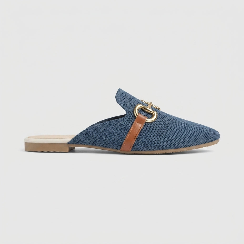 Women's Mule Flats - Pointed Toe - Mesh Upper - Buckle Strap