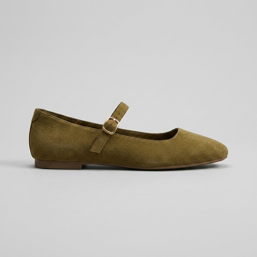Women's Mary Jane Ballet Flats – Suede Round Toe with Single Strap and Gold-Tone Buckle
