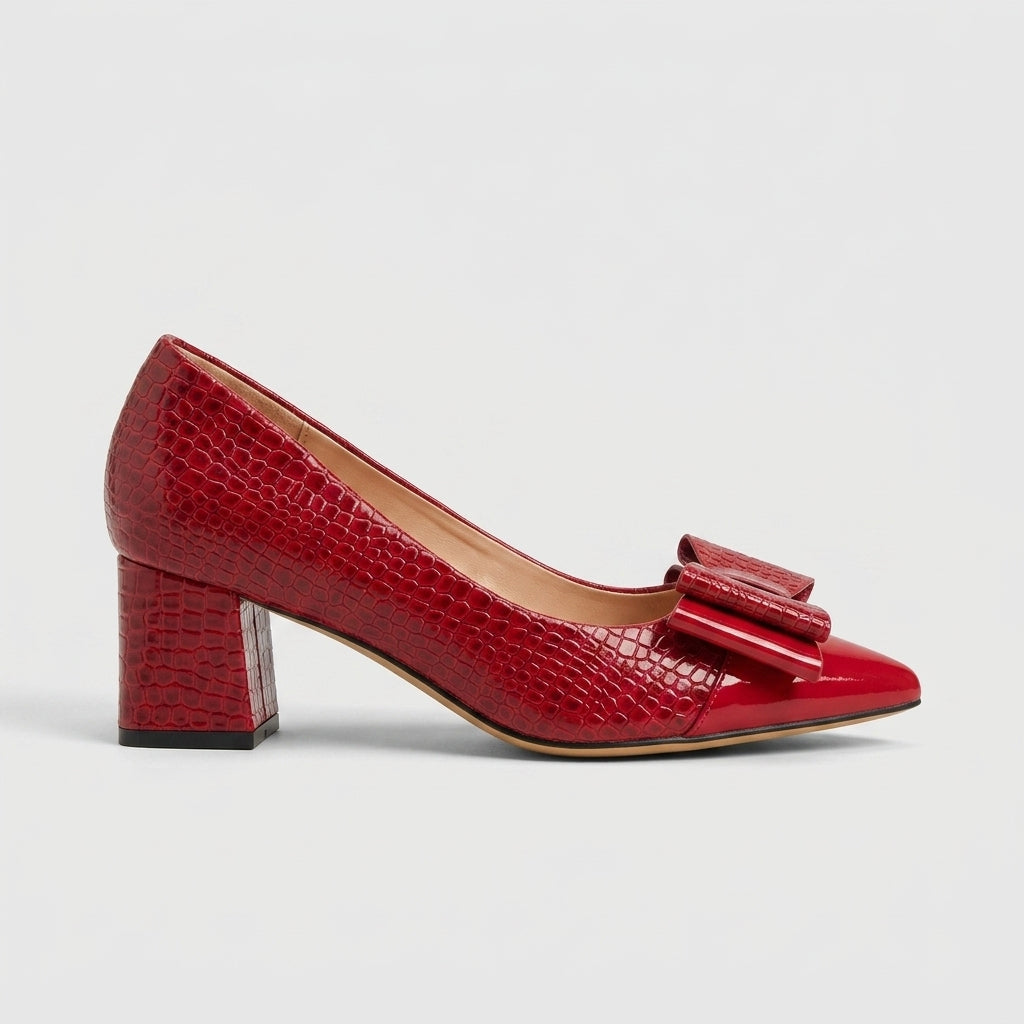 Women's Block Heels - Pointed Toe - Bow Detail - Croc-Embossed